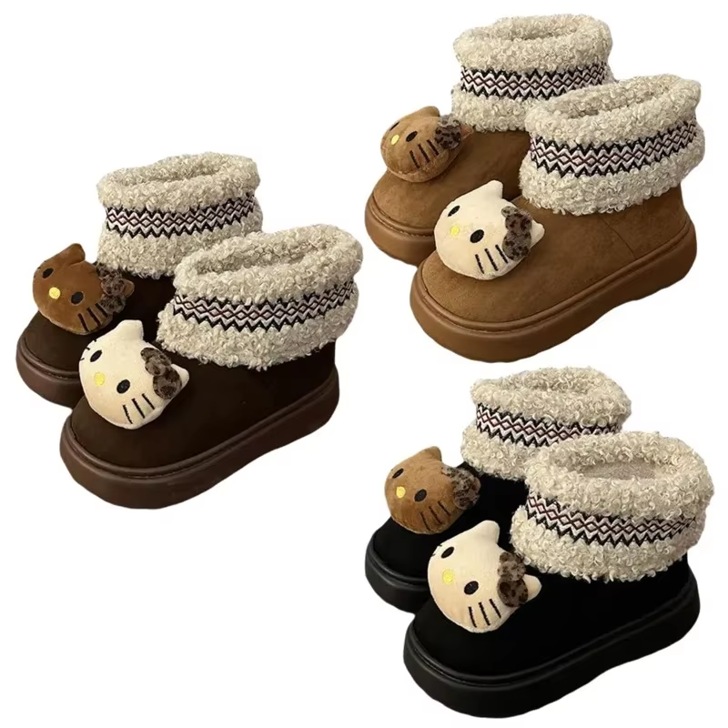 Cute Brown Series Kitty Boots – Kawaii Plush Doll, Thick Warm Snow Boots for Girls