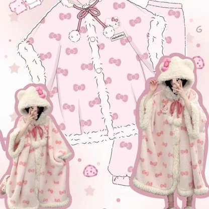 New Kitty Heart Pajamas – Plus Velvet Thickened Hooded Cloak Bathrobe, Kawaii Warm Home Wear