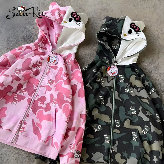 Hello Kitty Oversized Zip-Up Hoodie - Camouflage Streetwear Cardigan for Women