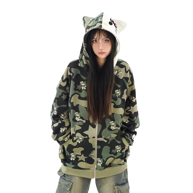 Hello Kitty Oversized Zip-Up Hoodie - Camouflage Streetwear Cardigan for Women