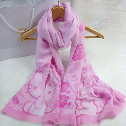 Kitty Cotton Scarf – Cute Winter Print with Tassels, Large Shawl for Women & Girls