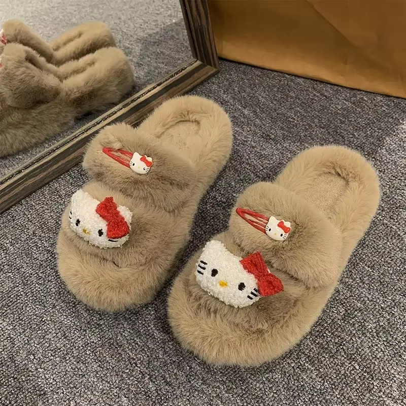 Kitty Autumn/Winter Slippers – Kawaii Furry Flip-Flops, Comfortable Flat-Bottom Home Shoes for Women