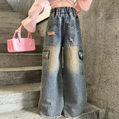 Girls Retro Denim Overalls – Western Style with Big Pockets, Wide Leg Design for Kids (5-15 Years).