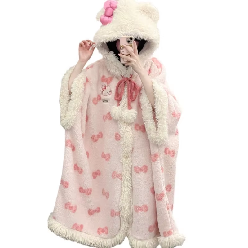 New Kitty Heart Pajamas – Plus Velvet Thickened Hooded Cloak Bathrobe, Kawaii Warm Home Wear