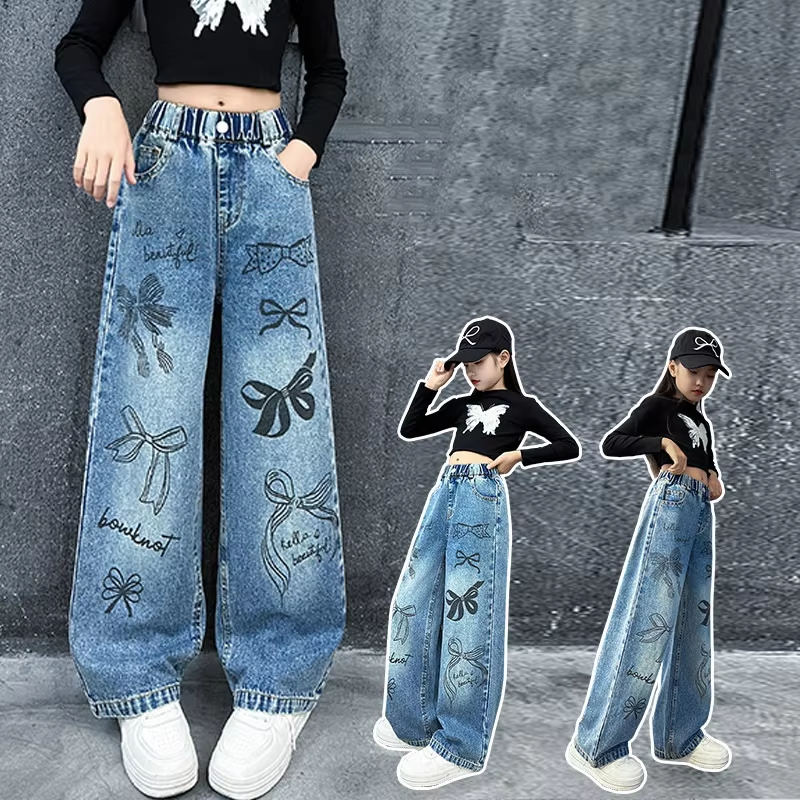 Girls Hand-Drawn Graffiti Jeans – Trendy Wide Leg Denim Pants for Teens, Loose Trousers for Spring & Autumn (4-15 yrs)