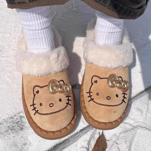 Cozy Hello Kitty Furry Winter Shoes for Women – Velvet-Lined, Half Slippers Snow Boots