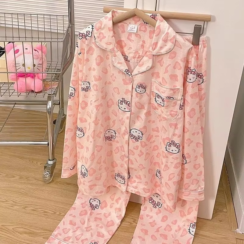 Kitty Cartoon Sports Pajamas – Cute 2-Piece Long-Sleeved Loungewear Set for Women