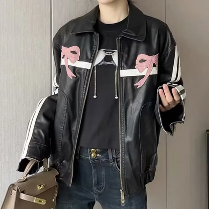 Vintage-Inspired Women's Faux Leather Winter Jacket with Bow Detail – Casual PU Lapel Collar Overcoat