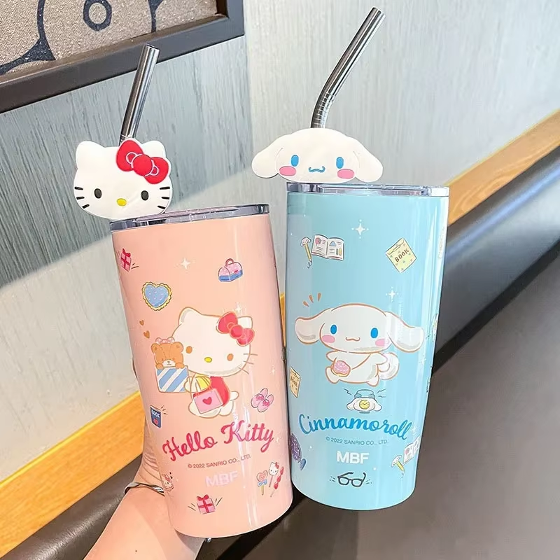 600ML Hello Kitty & Kuromi Stainless Steel Insulated Straw Cup – Cute & Large Capacity