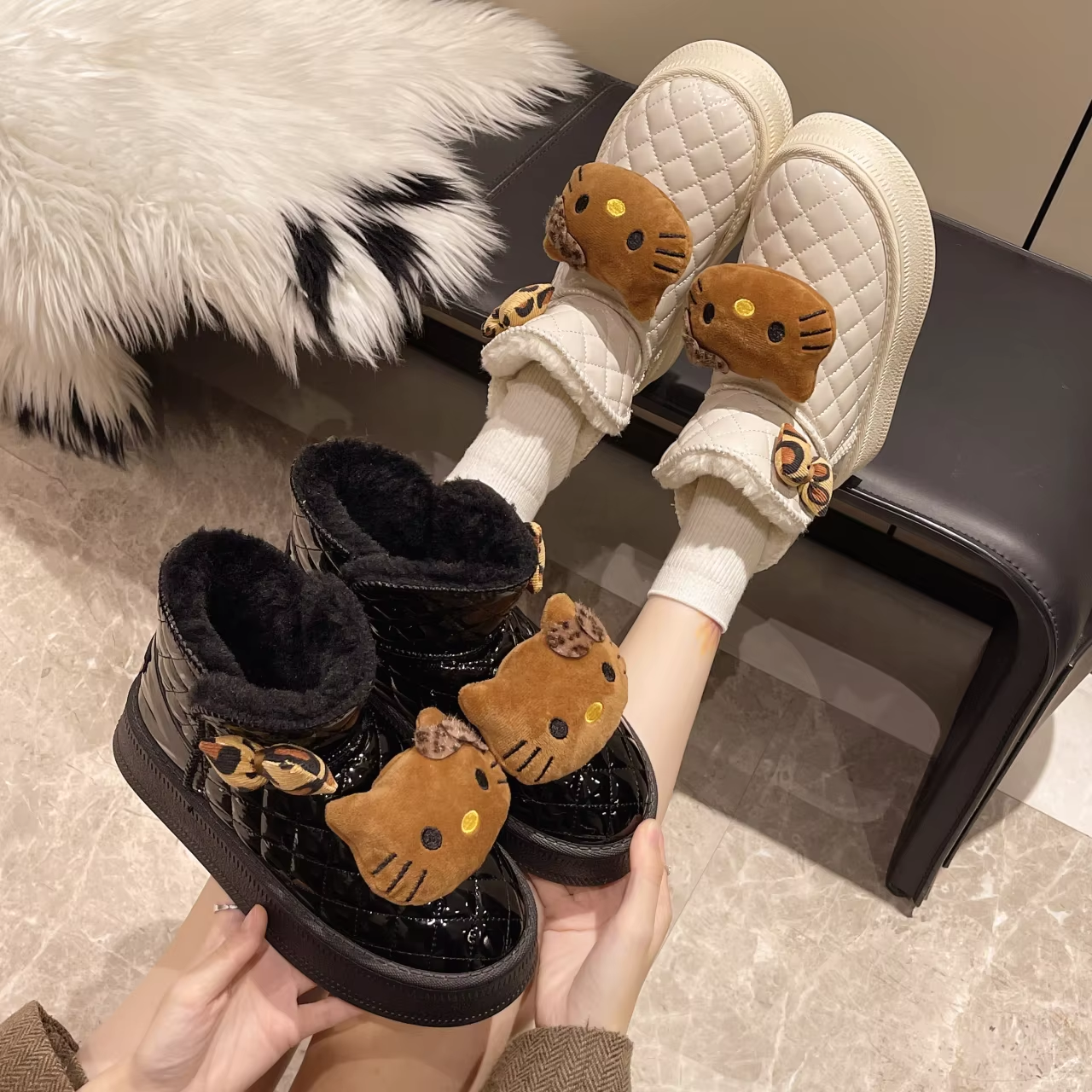 Cute Kitty Platform Snow Boots – Plush Doll Ankle Boots, Warm Cotton Shoes for Autumn/Winter