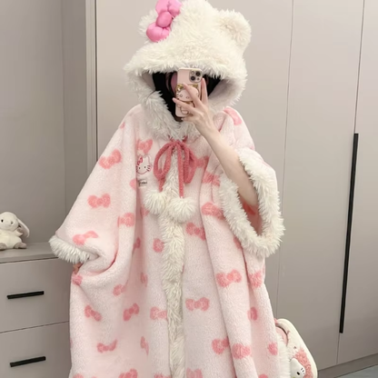 New Kitty Heart Pajamas – Plus Velvet Thickened Hooded Cloak Bathrobe, Kawaii Warm Home Wear