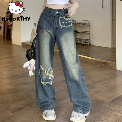 Kitty Korean Version Streetwear Jeans Women Vintage Blue Loose Straight Trousers Cartoon Fashion Wide Leg Pants Y2k