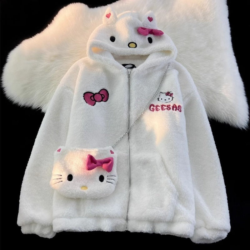 Original Sanrio Cute Hello Kitty  Wool Coat, Winter Loose Plush Thickened Warm Cotton Coat