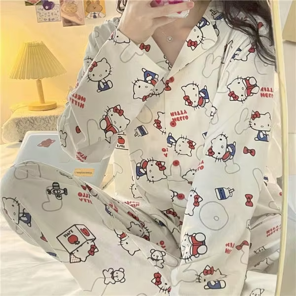 Kitty Cartoon Sports Pajamas – Cute 2-Piece Long-Sleeved Loungewear Set for Women