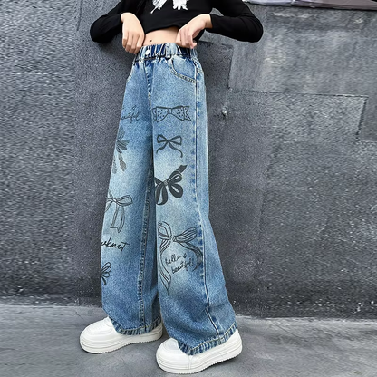 Girls Hand-Drawn Graffiti Jeans – Trendy Wide Leg Denim Pants for Teens, Loose Trousers for Spring & Autumn (4-15 yrs)