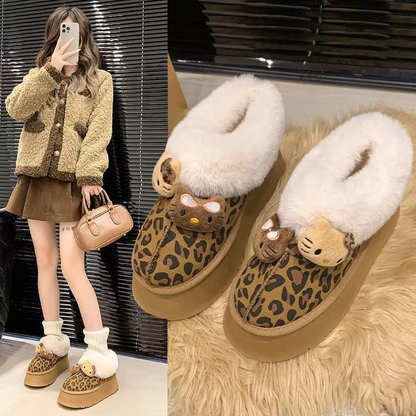 Girls' Winter Snow Boots  Kitty Leopard Print, Warm & Anti-Slip Design