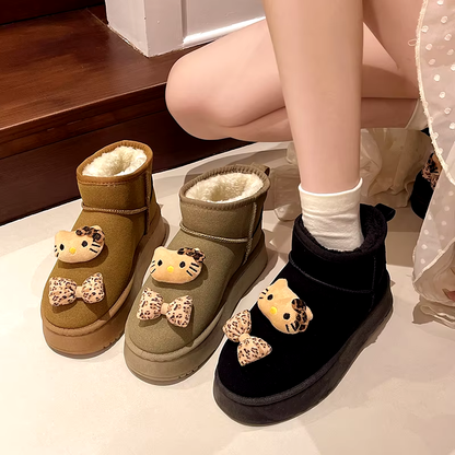 Hello Kitty Print Ankle Boots - Warm Flat Snow Boots for Women