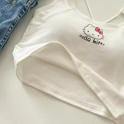 Hello Kitty Cross Back Tank Top with Chest Pads - Y2K Style Crop Top