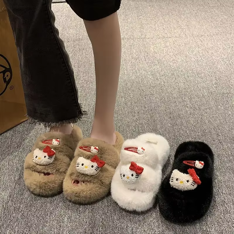 Kitty Autumn/Winter Slippers – Kawaii Furry Flip-Flops, Comfortable Flat-Bottom Home Shoes for Women