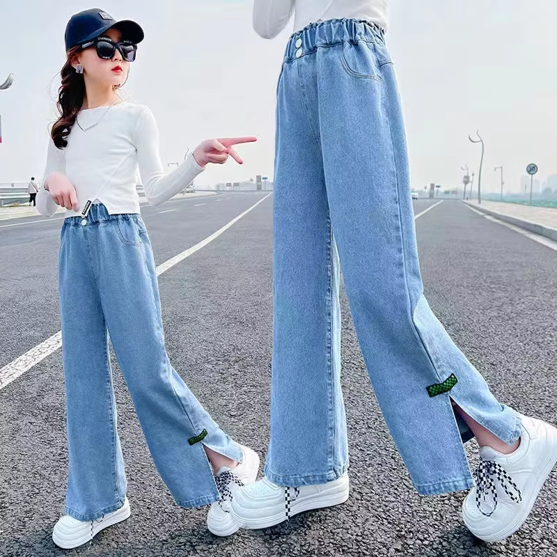 2024 Girls' Denim Wide Leg Pants – Elastic Waist, Cartoon Print, Loose Fit for Spring & Autumn