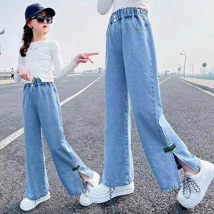 2024 Girls' Denim Wide Leg Pants – Elastic Waist, Cartoon Print, Loose Fit for Spring & Autumn