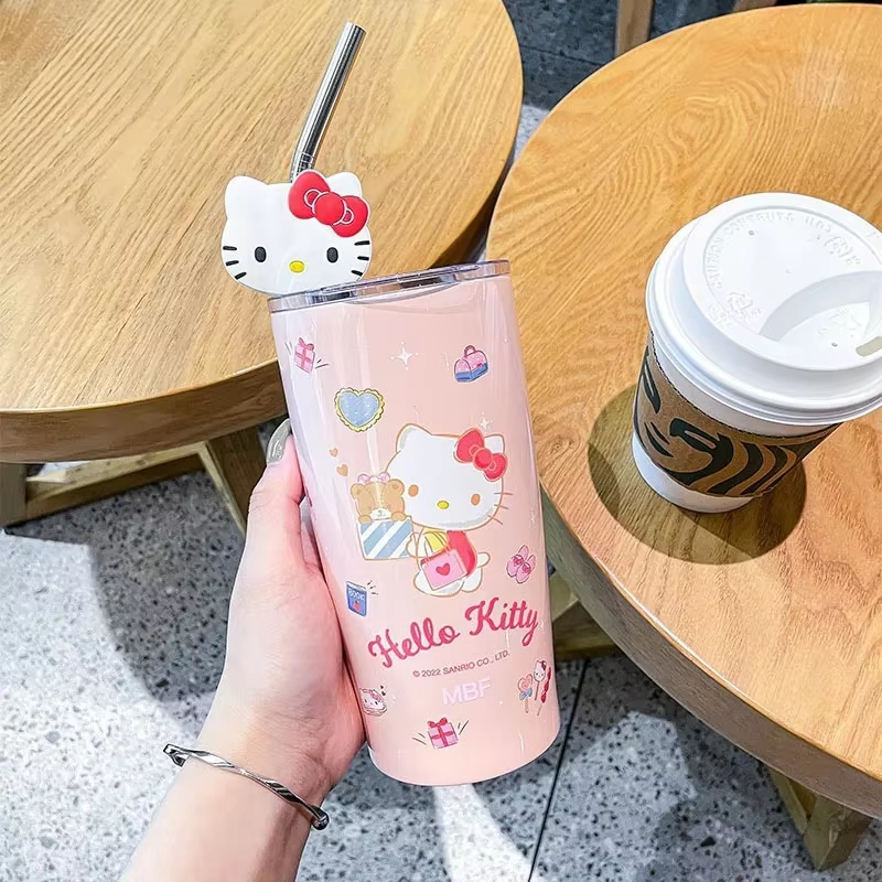 600ML Hello Kitty & Kuromi Stainless Steel Insulated Straw Cup – Cute & Large Capacity