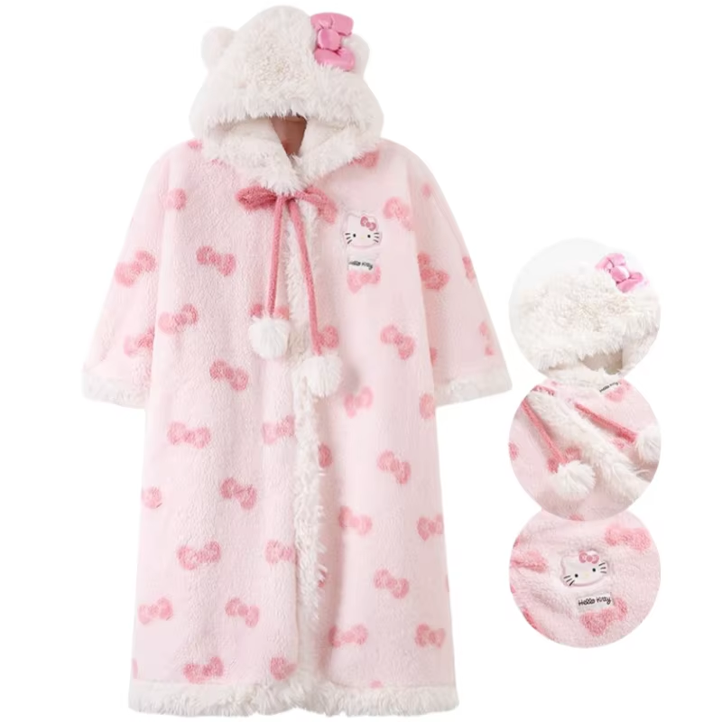 New Kitty Heart Pajamas – Plus Velvet Thickened Hooded Cloak Bathrobe, Kawaii Warm Home Wear