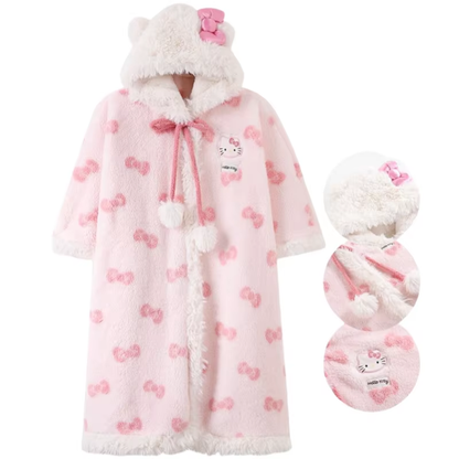 New Kitty Heart Pajamas – Plus Velvet Thickened Hooded Cloak Bathrobe, Kawaii Warm Home Wear