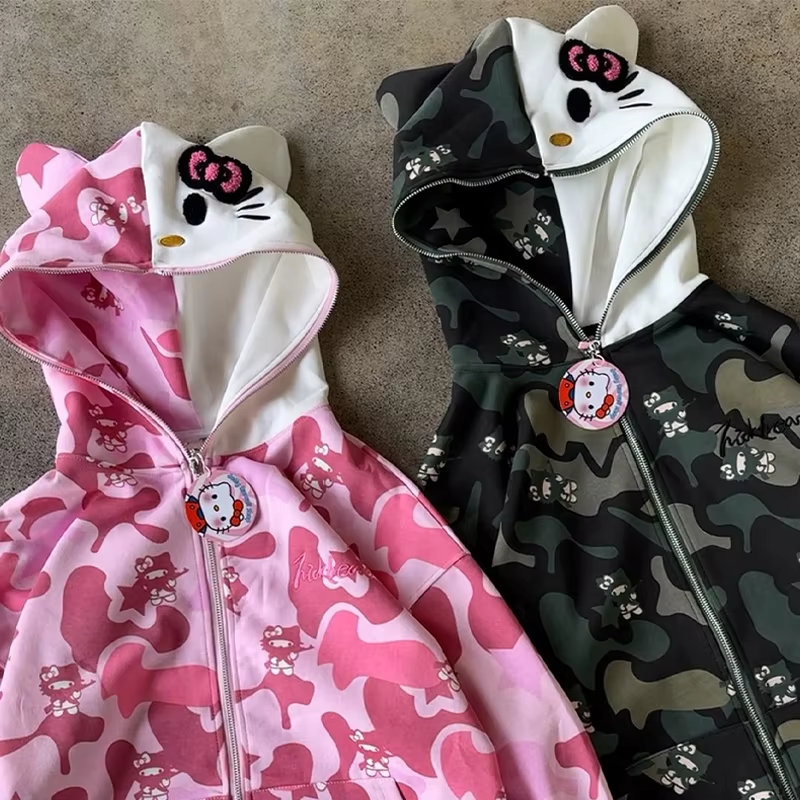 Hello Kitty Oversized Zip-Up Hoodie - Camouflage Streetwear Cardigan for Women