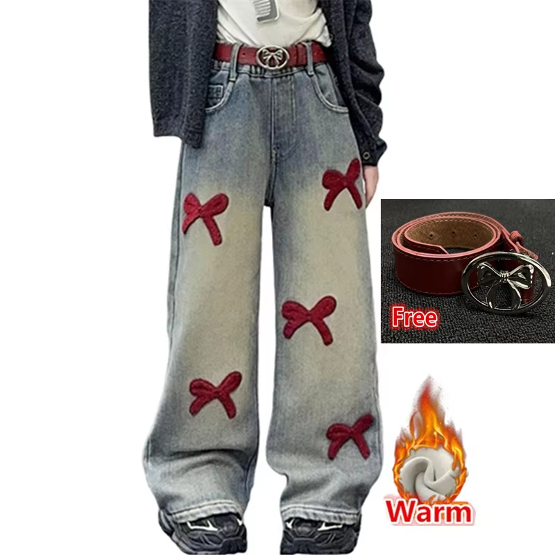 Kids Winter Warm Corduroy Jeans – Thick Thermal Pants with Bows and Belt for Girls, High Street Insulated Sweatpants