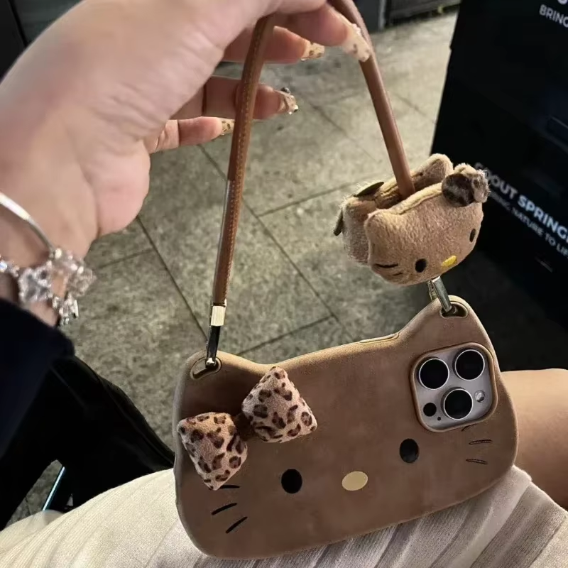 Kitty Brown Leopard Print Bow Phone Case – Cute Y2K Design with Hand Strap for iPhone 13-16 Pro Max