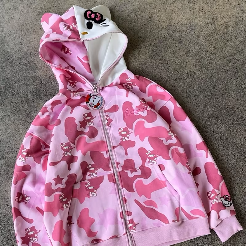 Hello Kitty Oversized Zip-Up Hoodie - Camouflage Streetwear Cardigan for Women