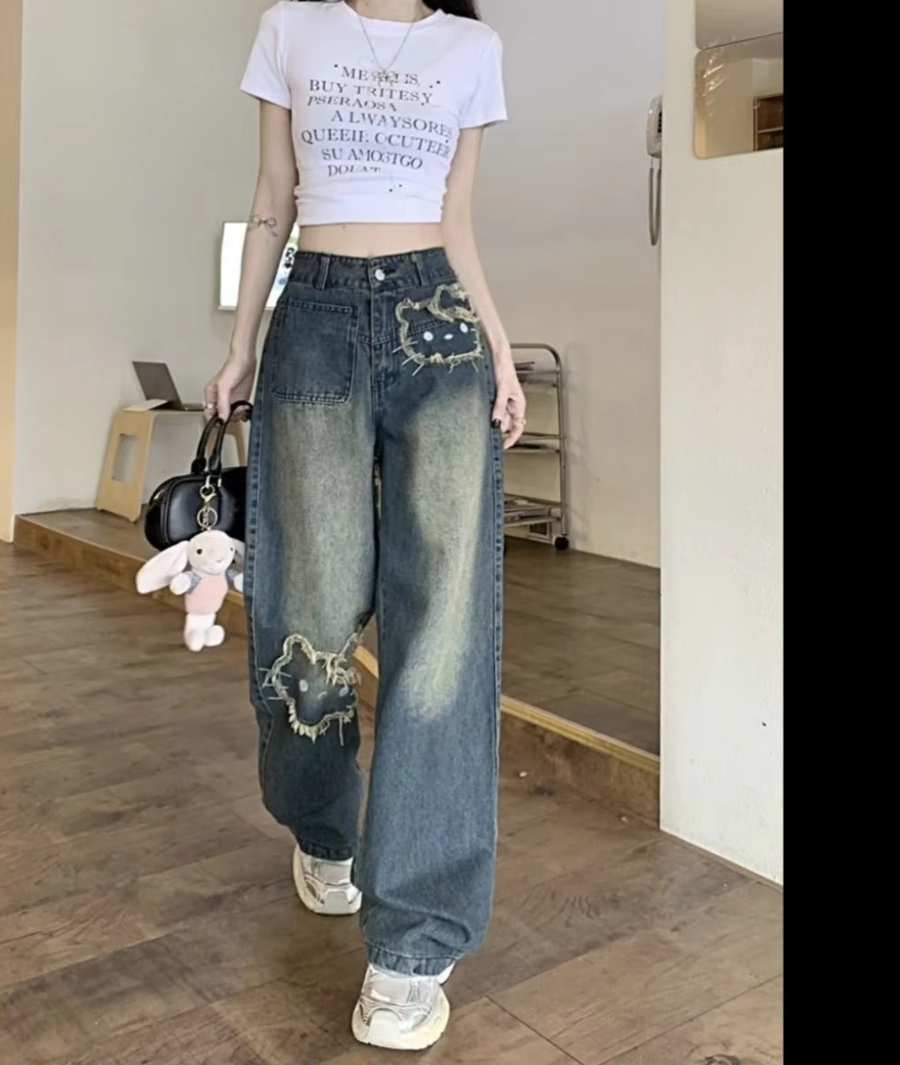 Kitty Korean Version Streetwear Jeans Women Vintage Blue Loose Straight Trousers Cartoon Fashion Wide Leg Pants Y2k