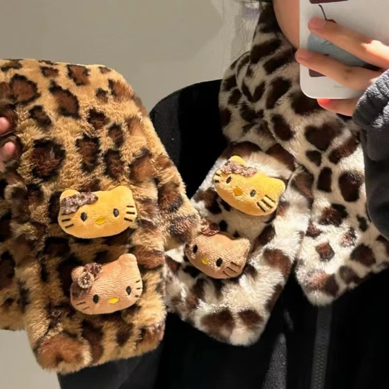 Kitty Leopard Plush Scarf – Cute & Trendy Winter Accessory, Warm and Windproof Gift