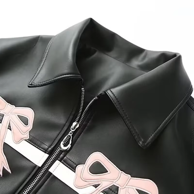 Vintage-Inspired Women's Faux Leather Winter Jacket with Bow Detail – Casual PU Lapel Collar Overcoat