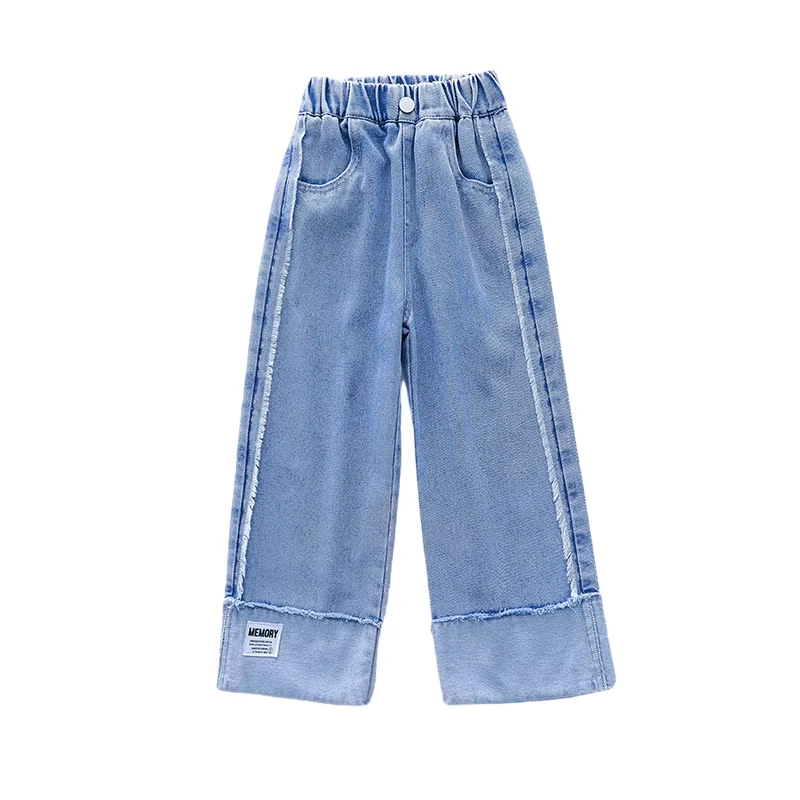 2024 Girls' Denim Wide Leg Pants – Elastic Waist, Cartoon Print, Loose Fit for Spring & Autumn