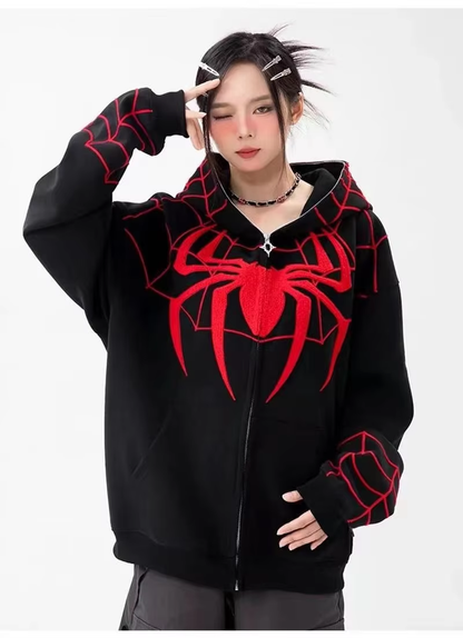 Gothic Y2K Spider Embroidered Hoodie – Oversized Harajuku Hip Hop Sweatshirt