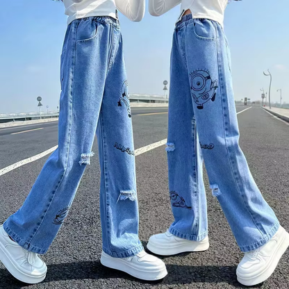 2024 Girls' Denim Wide Leg Pants – Elastic Waist, Cartoon Print, Loose Fit for Spring & Autumn