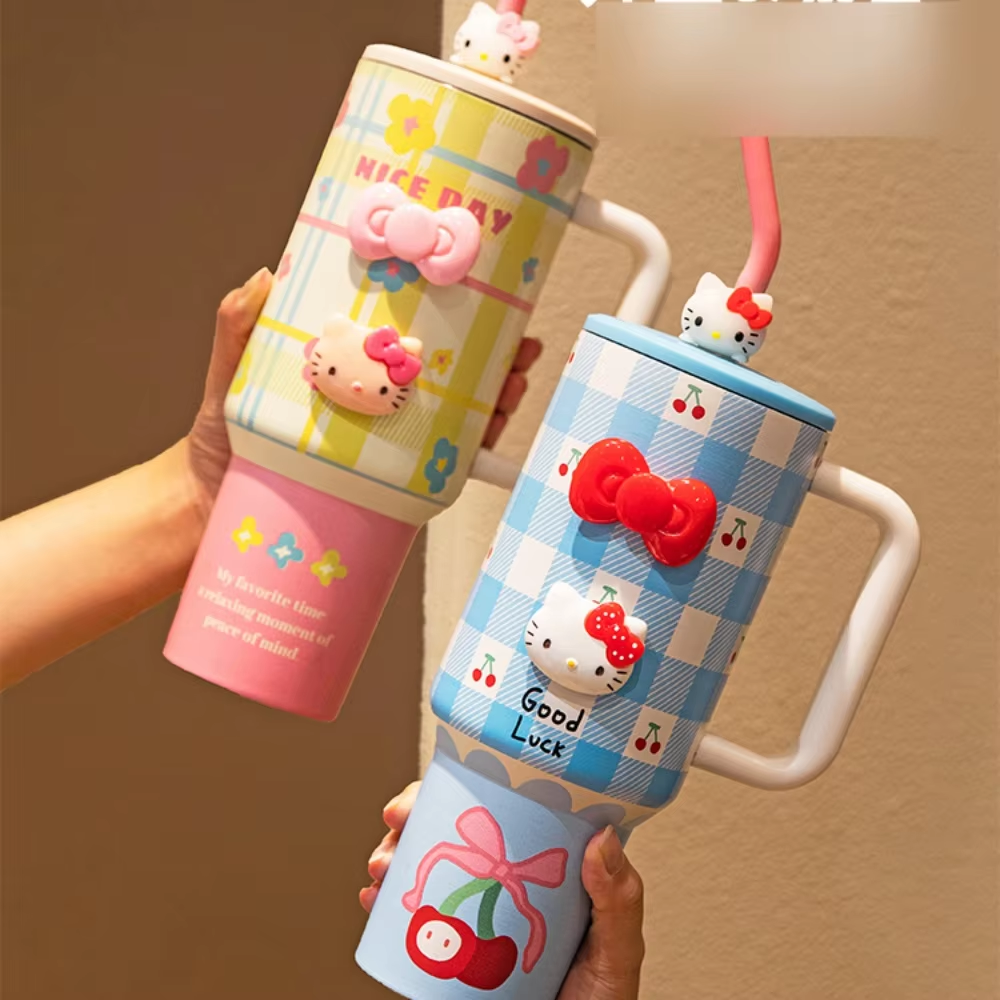 HK Plaid Pink Flower Insulated Cup – 1200ml Large Capacity Straw Cup, Perfect Birthday Gift