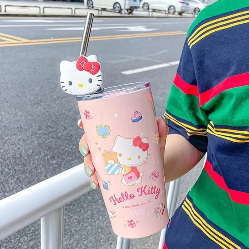 600ML Hello Kitty & Kuromi Stainless Steel Insulated Straw Cup – Cute & Large Capacity