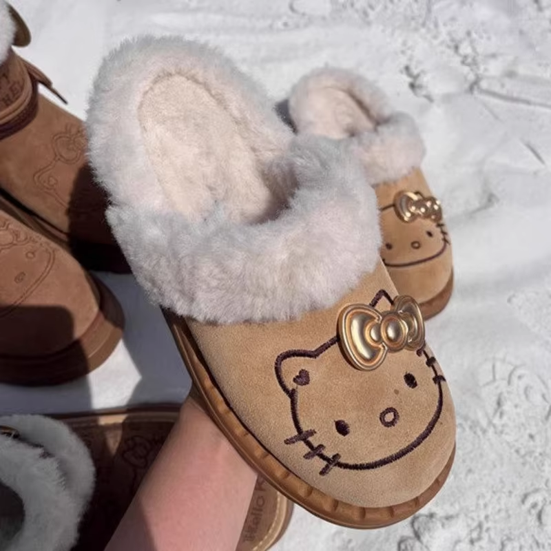 Cozy Hello Kitty Furry Winter Shoes for Women – Velvet-Lined, Half Slippers Snow Boots