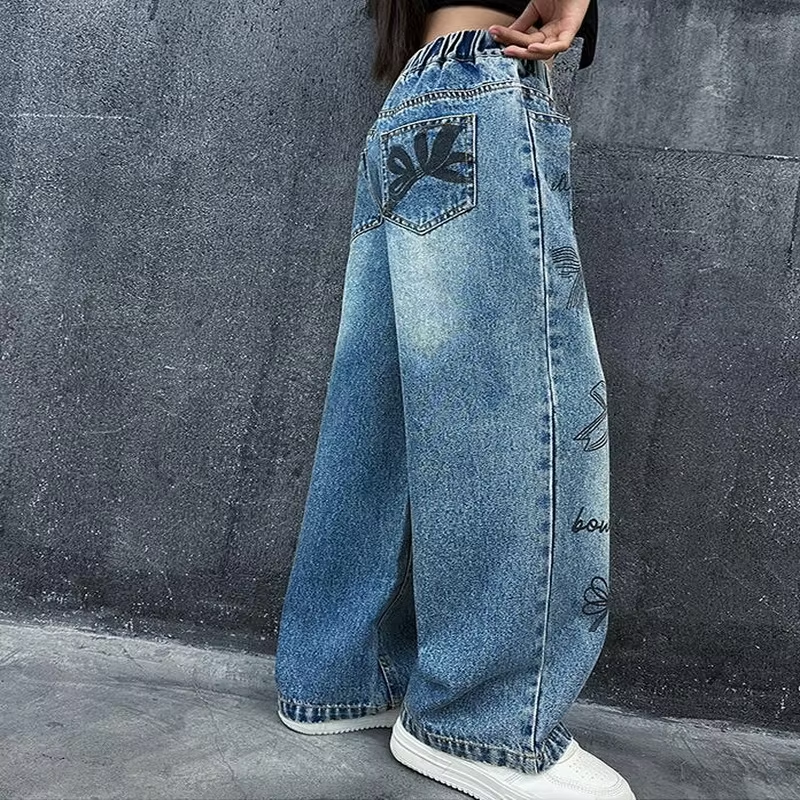 Girls Hand-Drawn Graffiti Jeans – Trendy Wide Leg Denim Pants for Teens, Loose Trousers for Spring & Autumn (4-15 yrs)