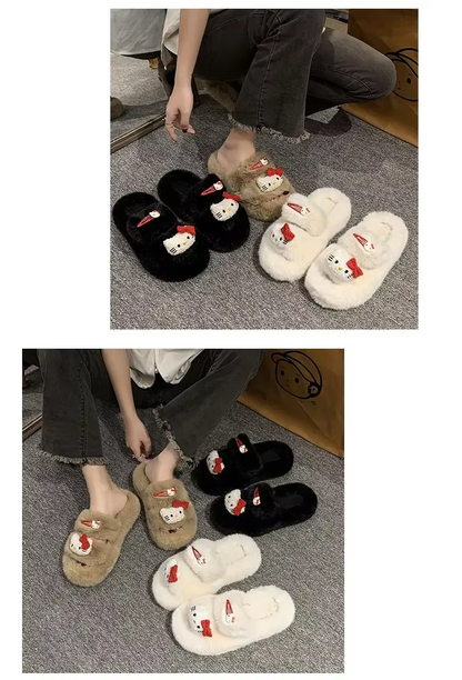 Kitty Autumn/Winter Slippers – Kawaii Furry Flip-Flops, Comfortable Flat-Bottom Home Shoes for Women