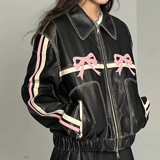 Vintage Harajuku Oversized PU Jacket – Y2K Streetwear with Bow Detail for Women