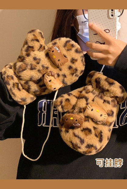 New leopard plush gloves - velvet warm