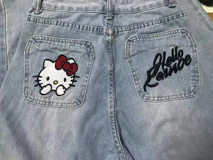 Vaqueros de pierna ancha con bordado de Hello Kitty: estilo Y2K