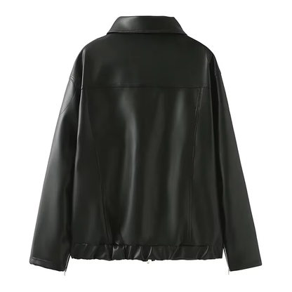 Vintage-Inspired Women's Faux Leather Winter Jacket with Bow Detail – Casual PU Lapel Collar Overcoat