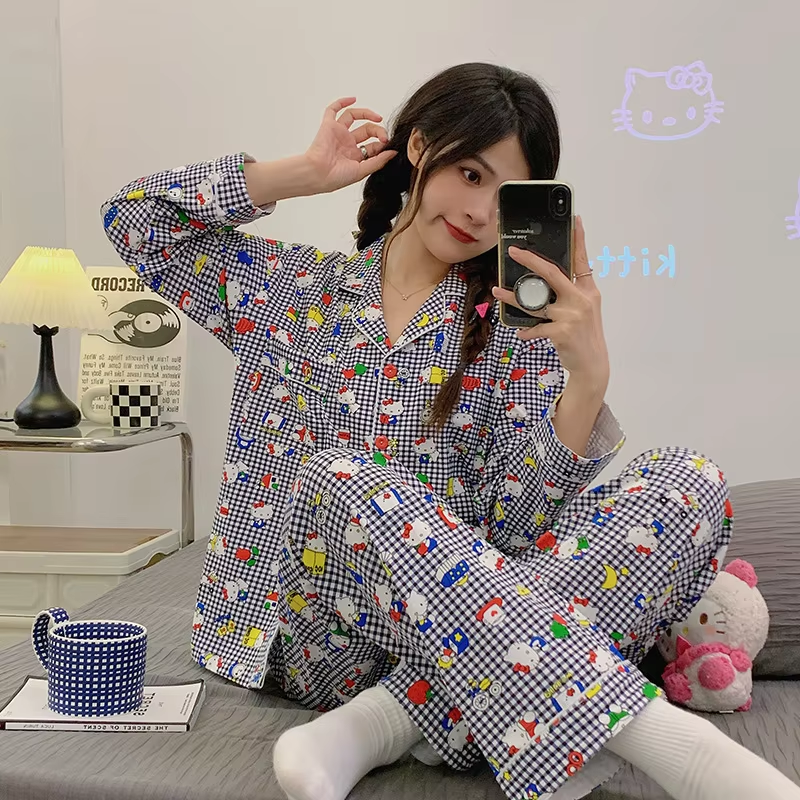 Kitty Cartoon Sports Pajamas – Cute 2-Piece Long-Sleeved Loungewear Set for Women