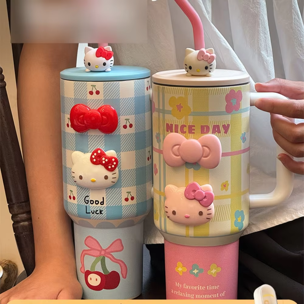 HK Plaid Pink Flower Insulated Cup – 1200ml Large Capacity Straw Cup, Perfect Birthday Gift