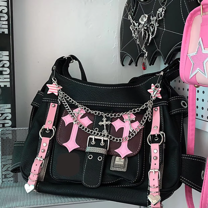 HK Gothic Punk Crossbody Bag - Vintage Pink Y2K Trend Tote for Women